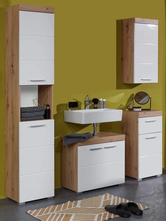 Sistema Bagno - Collezione Bagno - Vasca - Vasca da Bagno - Set di Cimasa - Set di Accessori - Noce nodoso/Bianco lucido - 163 x 190 x 34 cm