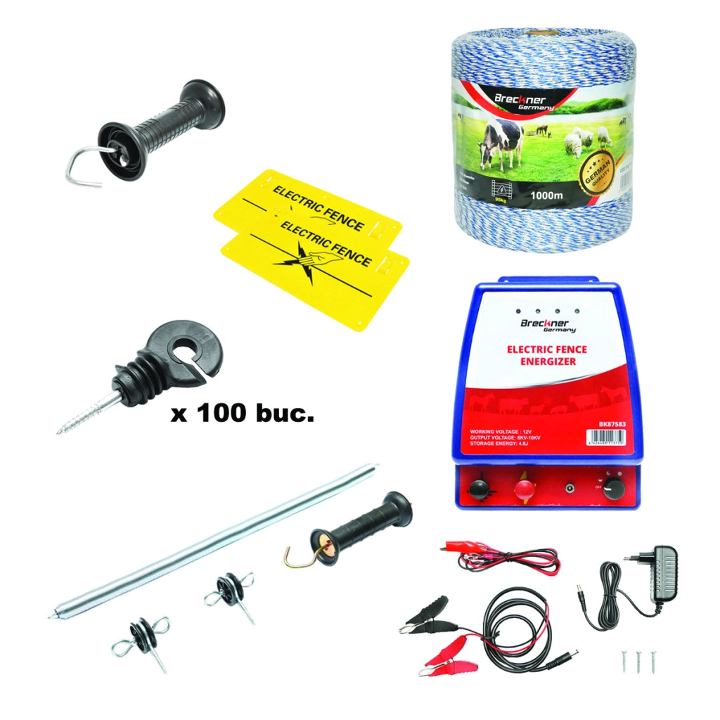 Kit Completo Recinto Elettrico Elettrificatore 12V/220V, 3,5 Joule , Filo 1000 MT, 100 isolatori, set maniglia con molla tensione, recinzioni elettriche Breckner Germnany