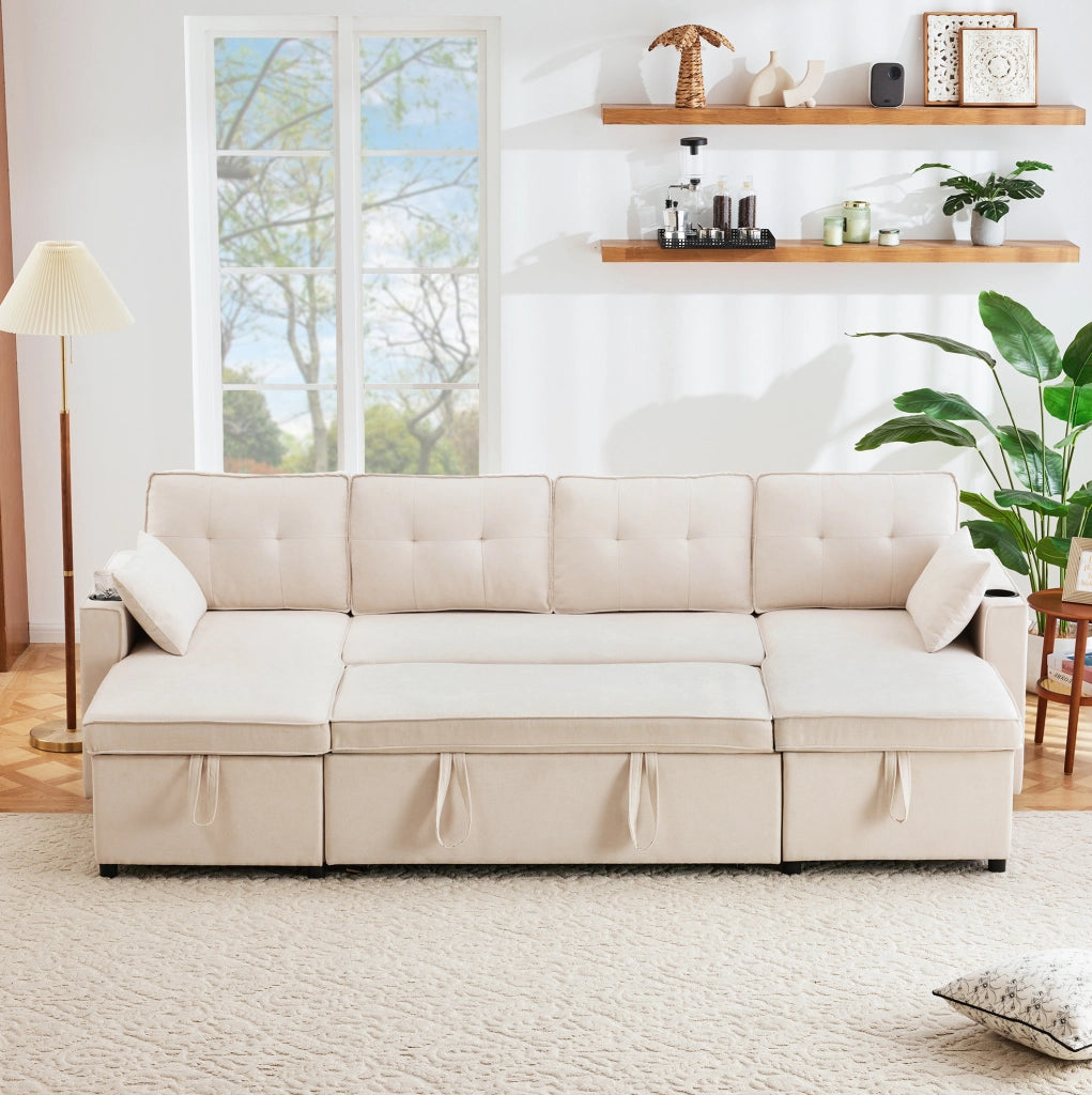 Divano letto a U con contenitori; portabicchieri e 2 cuscini; 270x130x86 cm; beige effetto lino