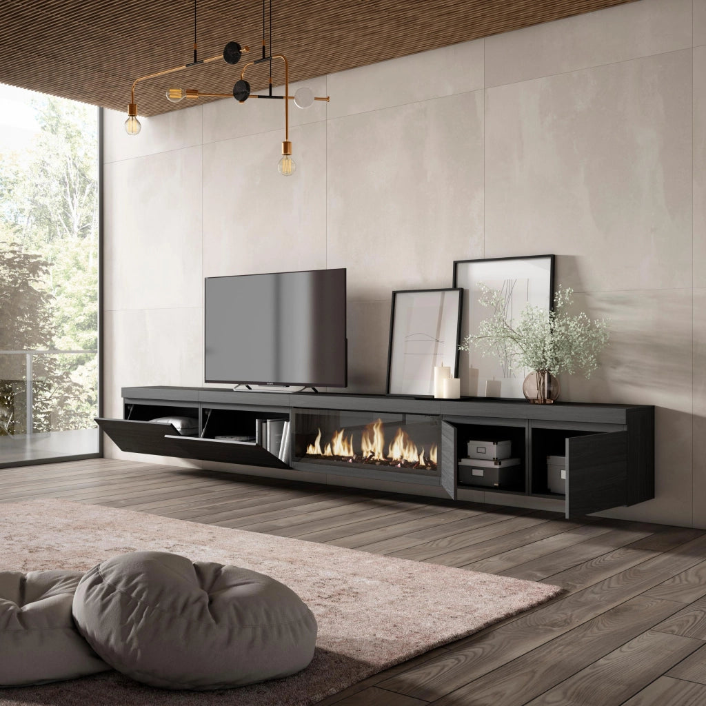 Mobile TV Soggiorno, 368x35x45, Camino elettrico XXL, da appendere, Nero RF3689