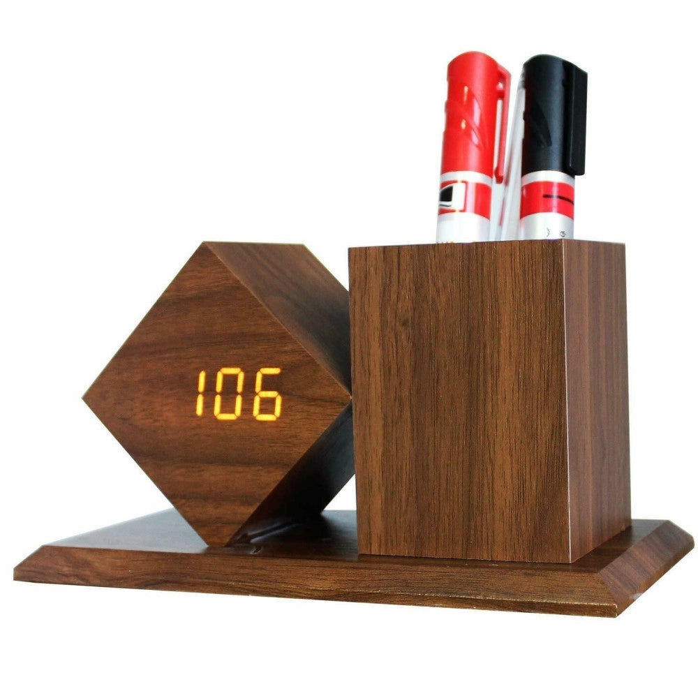 Trade Shop - Orologio A Led Sveglia Da Tavolo In Legno Con Portapenne Incorporato -