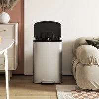 Pattumiera a Pedale da 50L con Coperchio Ammortizzato, Apertura a 90° e Secchio Rimovibile, Acciaio Inox, Grigio