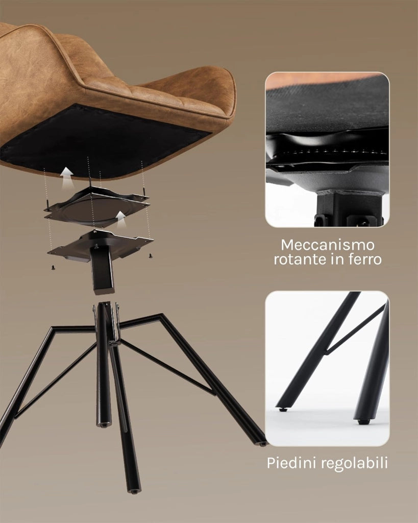 Set di 2 Sedie per Sala da Pranzo Girevoli a 360°, Sedie da Cucina Imbottite con Gambe in Metallo, Poltroncine in Similpelle per Camera da Letto, Soggiorno, Marrone Chiaro, BH366hbr-2