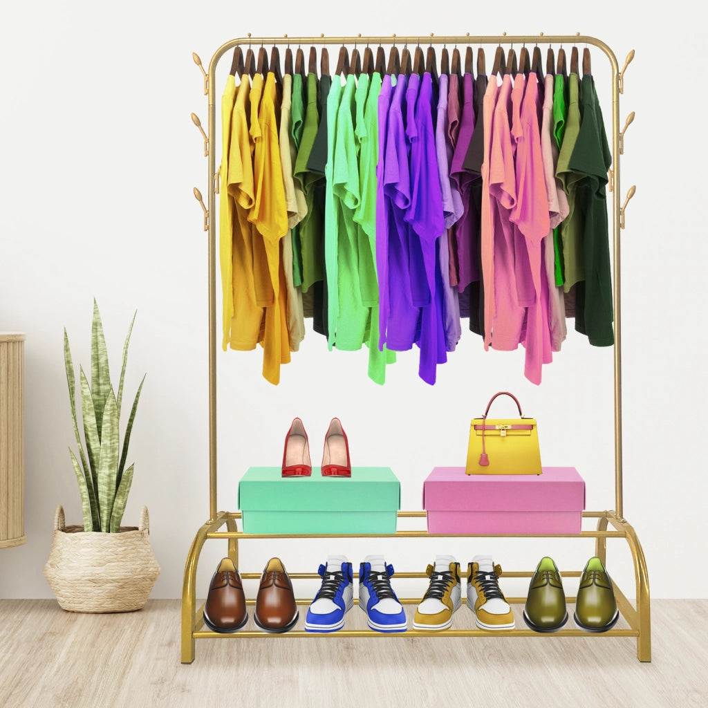 Appendiabiti Donkey Premium Rack a 2 supporti Nyana Home 158x110x39 cm, 1 barra appendiabiti, 8 ganci laterali, 2 ripiani inferiori Oro.