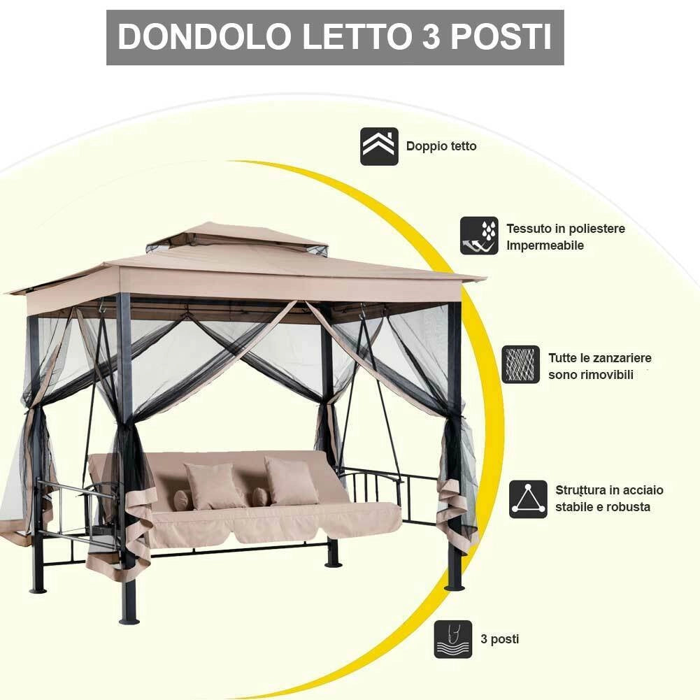 Dondolo Letto 3 posti con Gazebo Parasole e Zanzariera per Giardino 2.57mt Beige