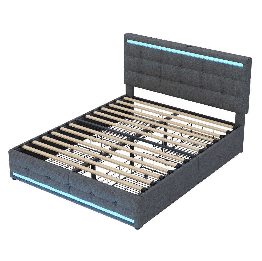 Letto imbottito 140x200 cm con LED e USB; con 4 cassetti; grigio
