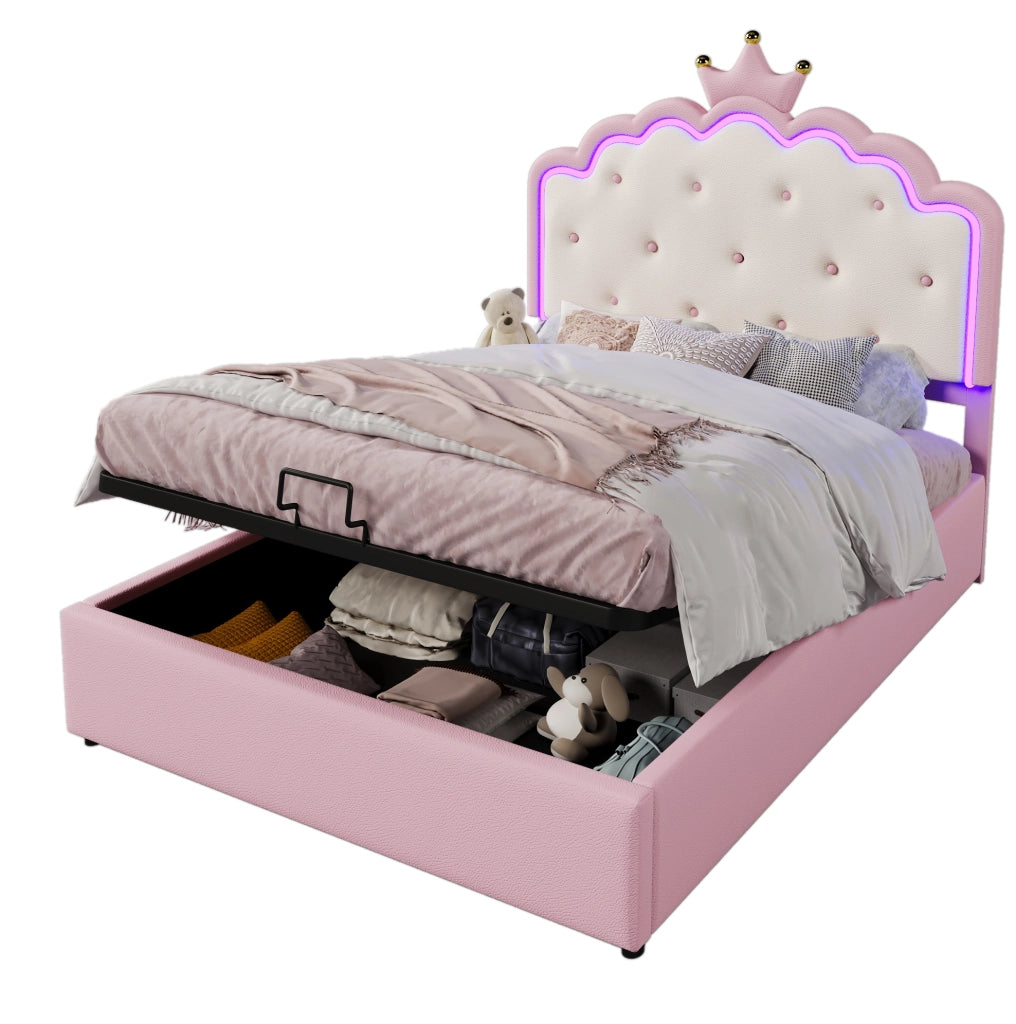 Letto per bambini imbottito con testiera a corona; 140 x 200 cm; PU rosa; con rete a doghe e LED