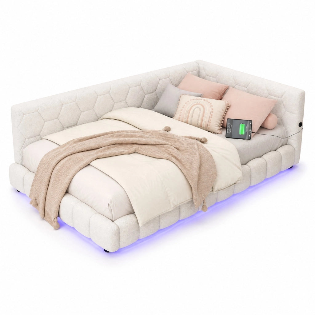 Letto da giorno 90x200 cm con luci LED; USB e Type-C; bianco