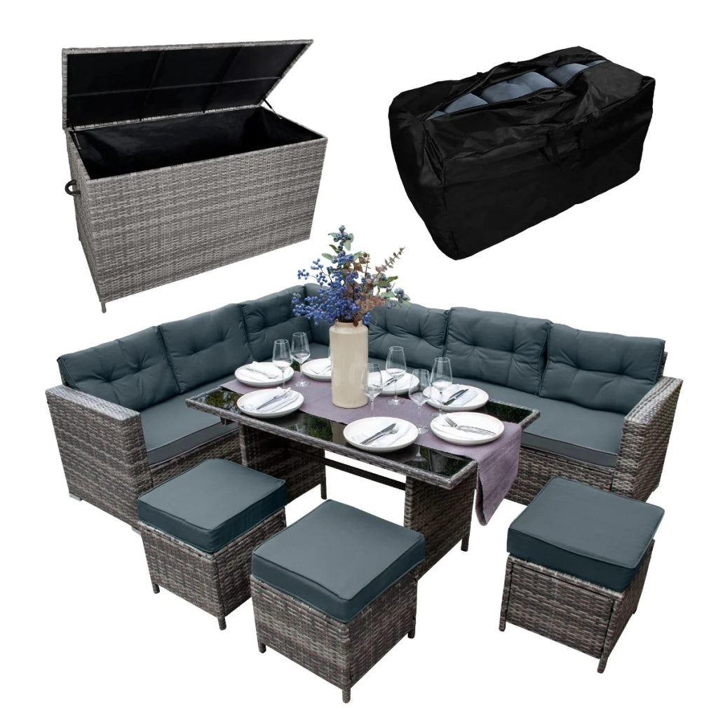 Set d'angolo in rattan e box da giardino Grigio Grande Cuscino Cassapanca 582L Outdoor