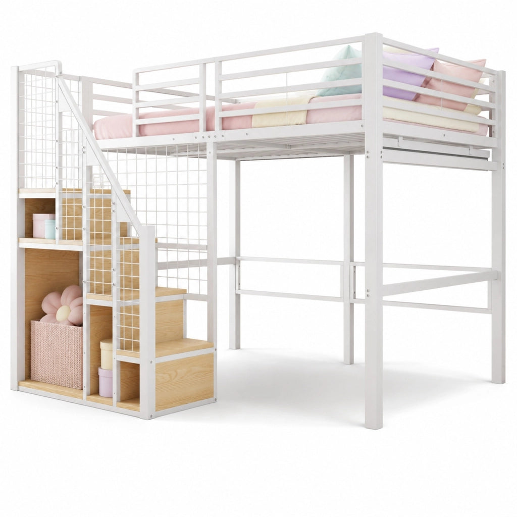 Letto a soppalco 140 x 200 cm bianco in metallo e MDF con scala e vano guardaroba