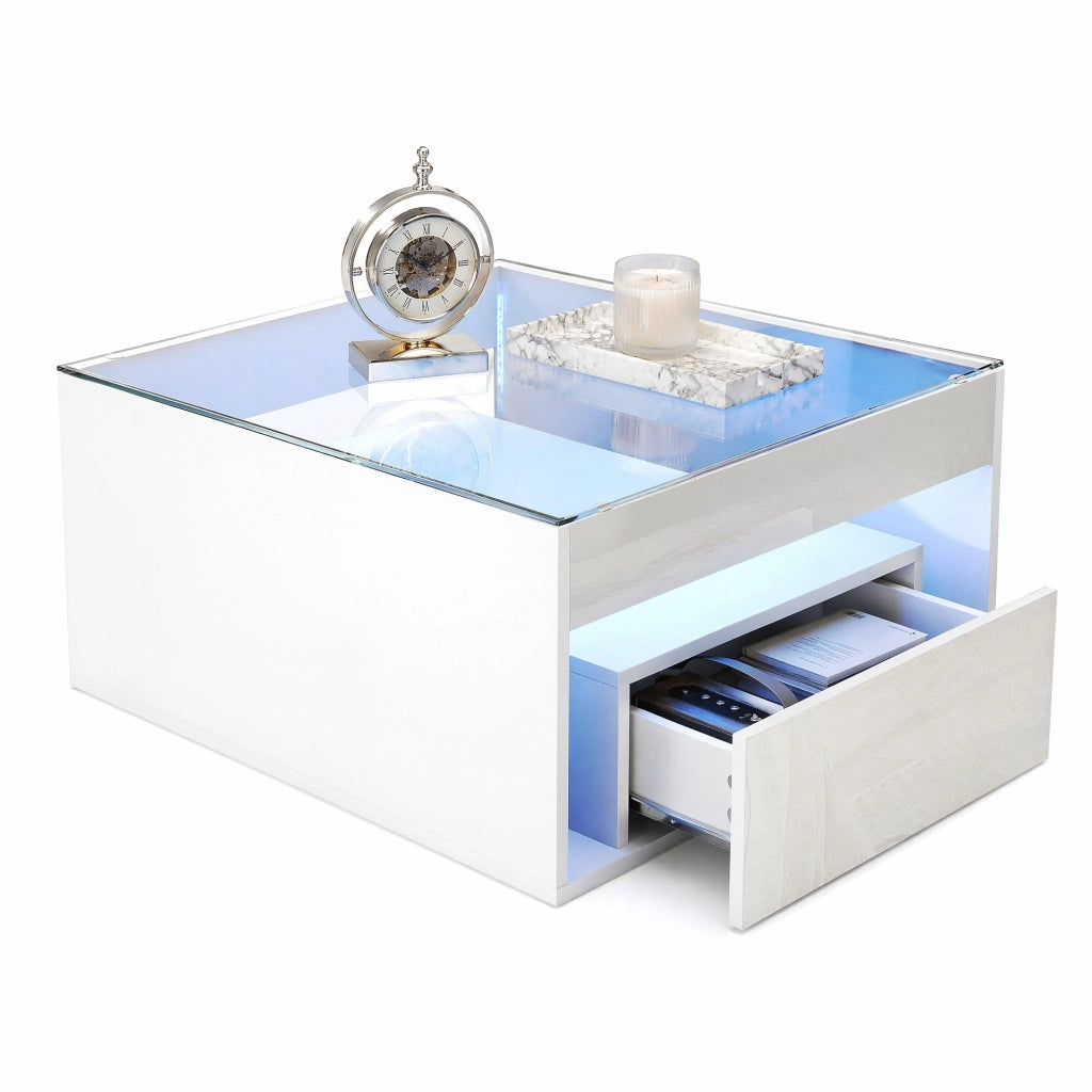 Tavolino da caff¨¨ 70 x 70 x 35 cm in MDF bianco con piano in vetro temperato, 2 cassetti, LED e portata 60 kg
