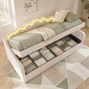 Letto singolo imbottito 90x200 cm con vano contenitore e LED beige
