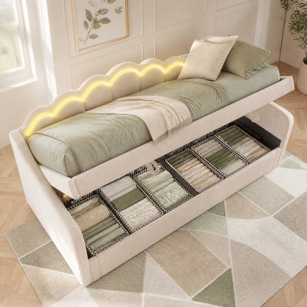 Letto singolo imbottito 90x200 cm con vano contenitore e LED beige