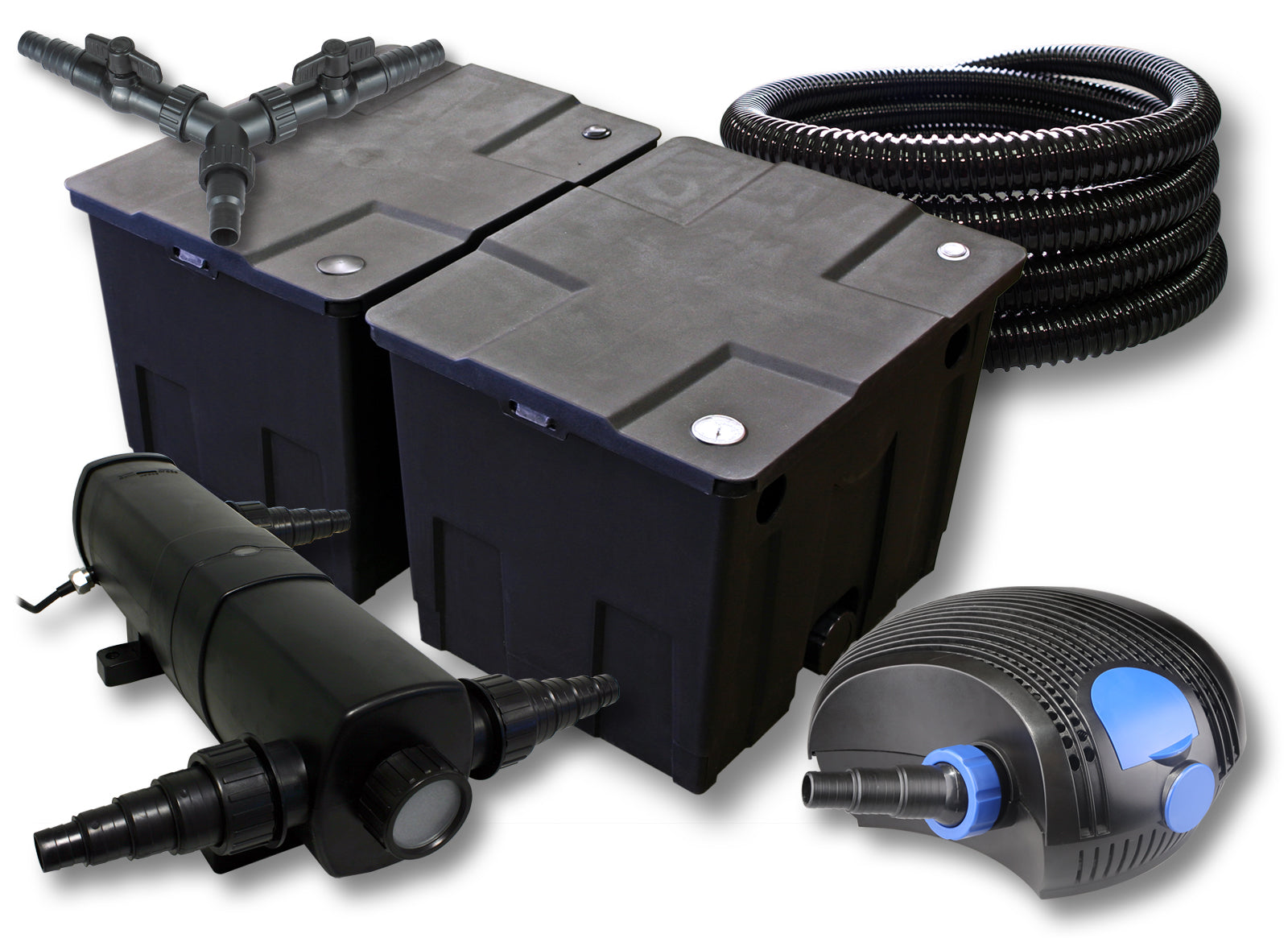 Set filtro per laghetto da 60.000 l Chiarificatore 36W Pompa ECO 100W Tubo 25m