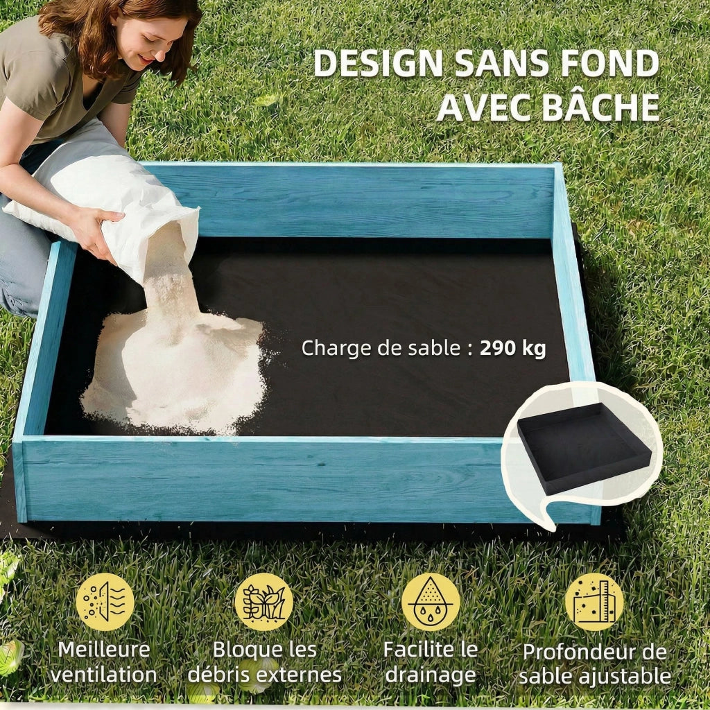 Sabbiera in legno con coperchio ¨C Xylo ¨C sedile pieghevole con stampa fenicotteri blu