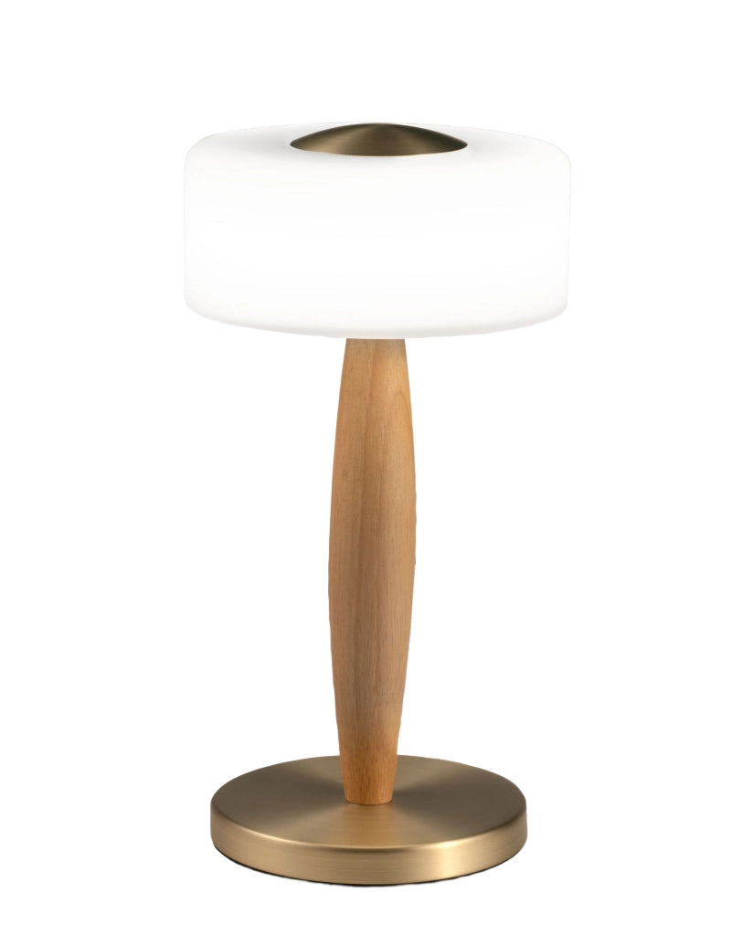 Lampada da tavolo Elea LED 8W 860lm 3000K, Struttura in metallo, legno e vetro soffiato con regolazione luce al tocco, Colore Ottone satinato - Elea
