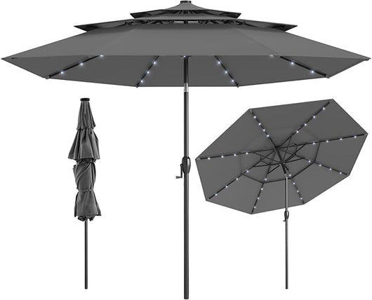 Ombrellone da Patio 313 cm con 32 Luci LED, Tetto Ventilato a 3 Piani, Inclinazioni Regolabili, Manovella, 8 Stecche, Ombrellone da Giardino, Piscina, Spiaggia