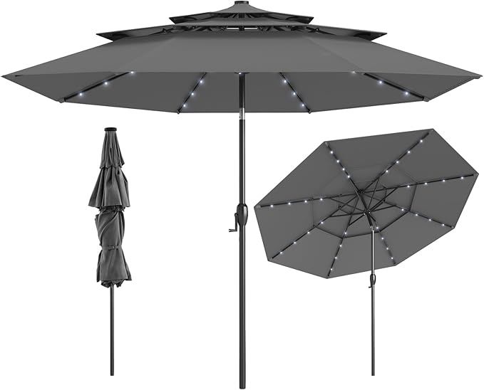 Ombrellone da Patio 313 cm con 32 Luci LED, Tetto Ventilato a 3 Piani, Inclinazioni Regolabili, Manovella, 8 Stecche, Ombrellone da Giardino, Piscina, Spiaggia