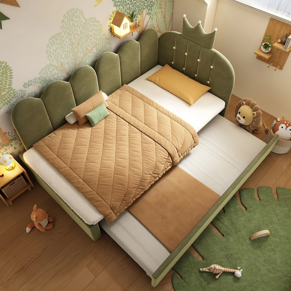 Divano letto L-forma - Zephmum- 90x200 cm, velluto verde, design corona e griglia, spazio ridotto