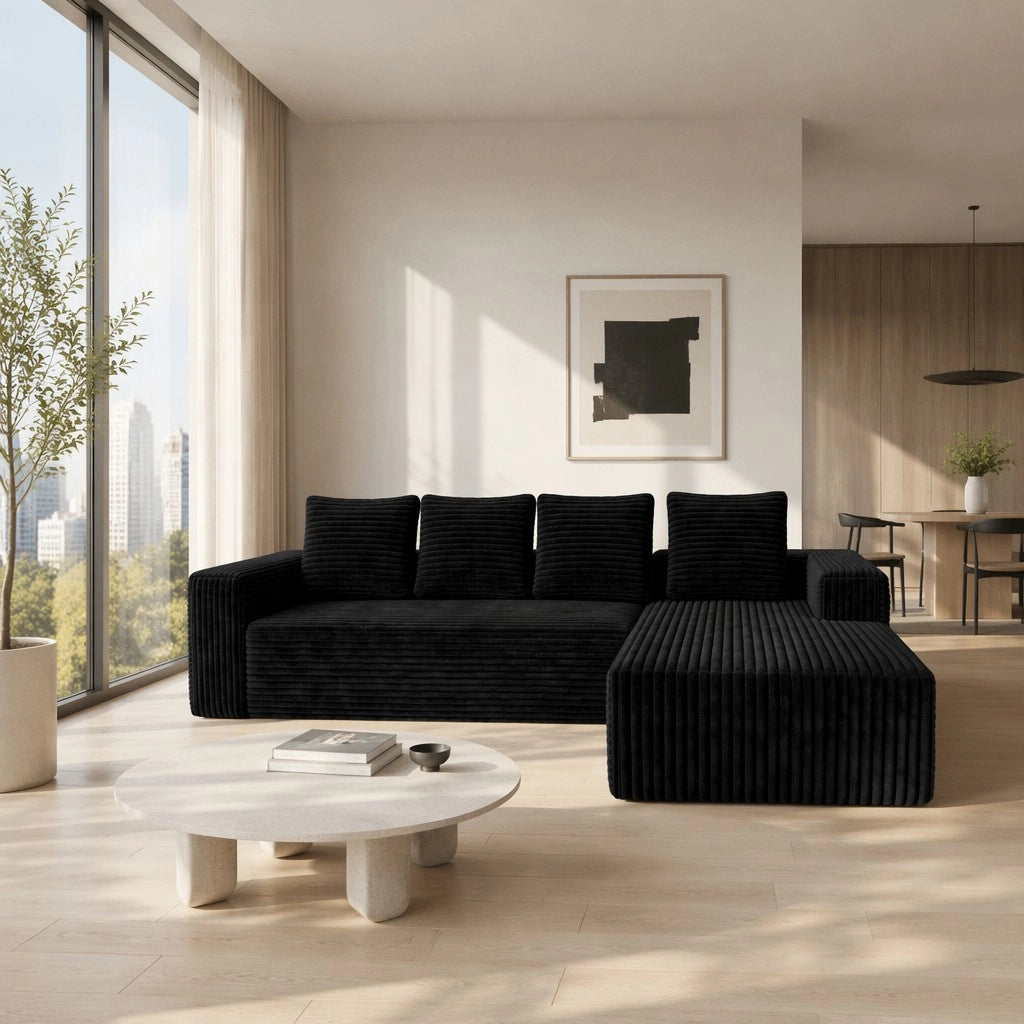 Divano ad angolo, divano a L, con poltrona reclinabile a destra, design modulare, 4 cuscini, pronto all’uso, nero