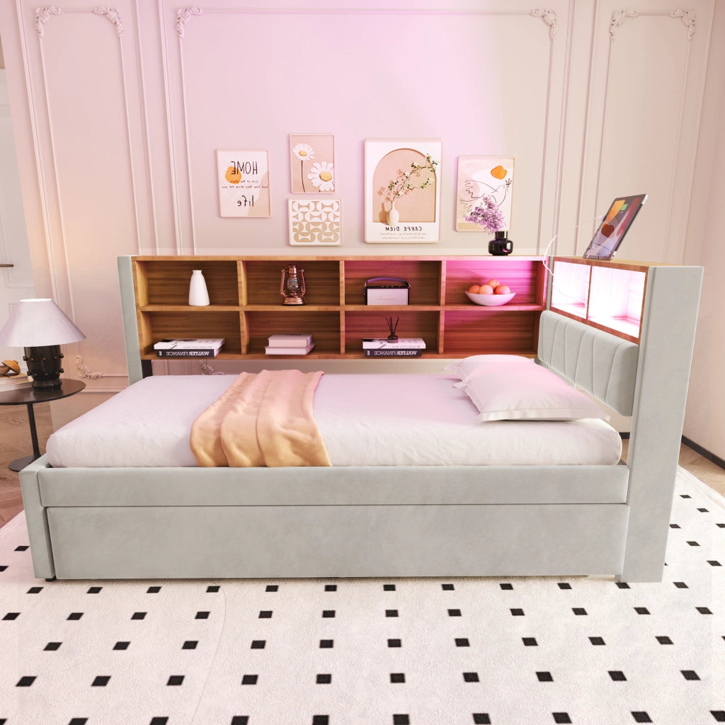 Divano letto multifunzionale 90x200 cm con letto estraibile 90x190 cm, LED, prese di ricarica e vani contenitore, grigio chiaro