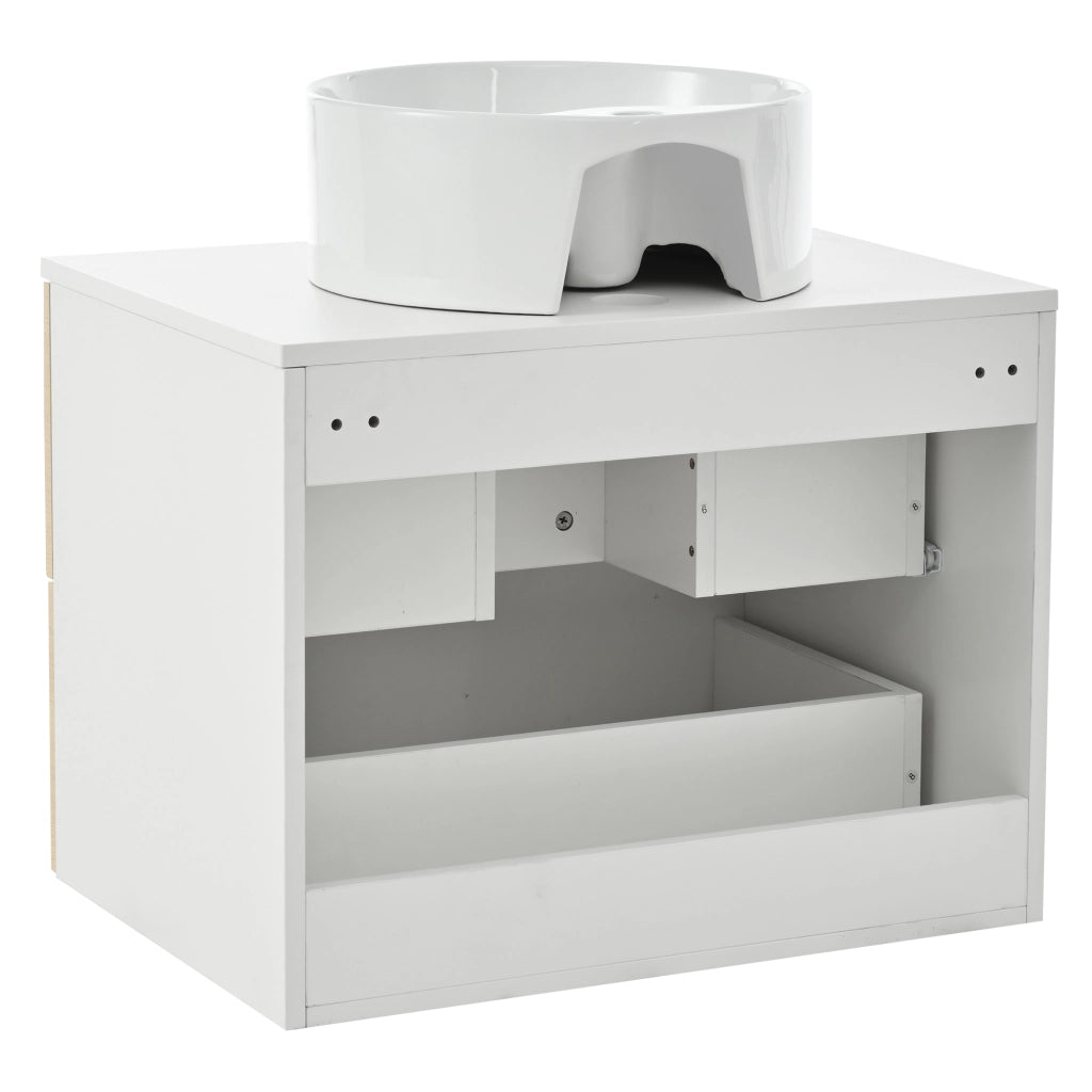 Mobile Bagno Sospeso 60 cm con Lavabo in Ceramica Rotondo e Cassetti Effetto Legno