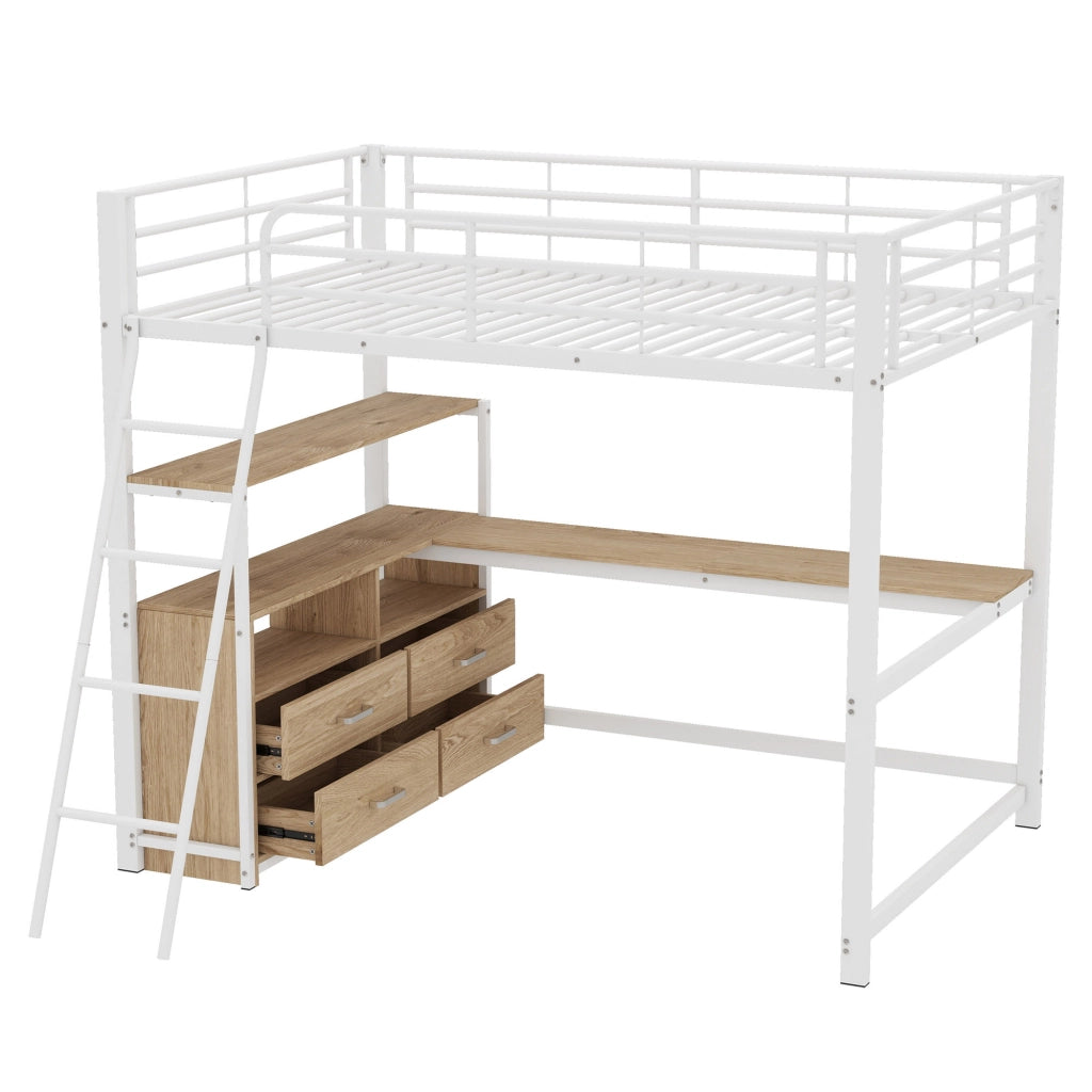 OKWISH Letto a soppalco 140×200 cm, Letto Matrimoniale con Scrivania a L, 4 Cassetti, Mensole e Contenitore, senza Materasso, MDF e Metallo, Bianco