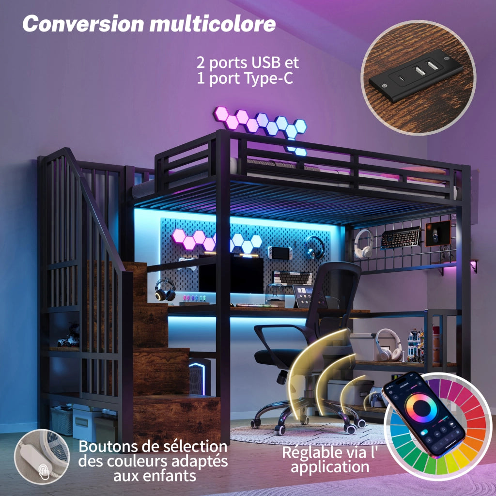 Letto a castello con scrivania LED USB 90x200 metallo nero