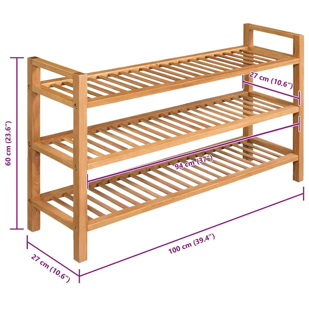 Scarpiera con 3 Ripiani-Scaffale per scarpe 100x27x60 cm in Massello di Rovere