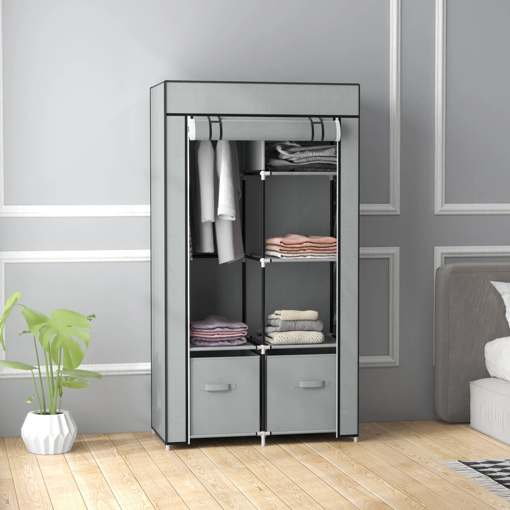 Armadio portatile in tessuto grigio chiaro con 5 ripiani, asta appendiabiti e chiusura a zip