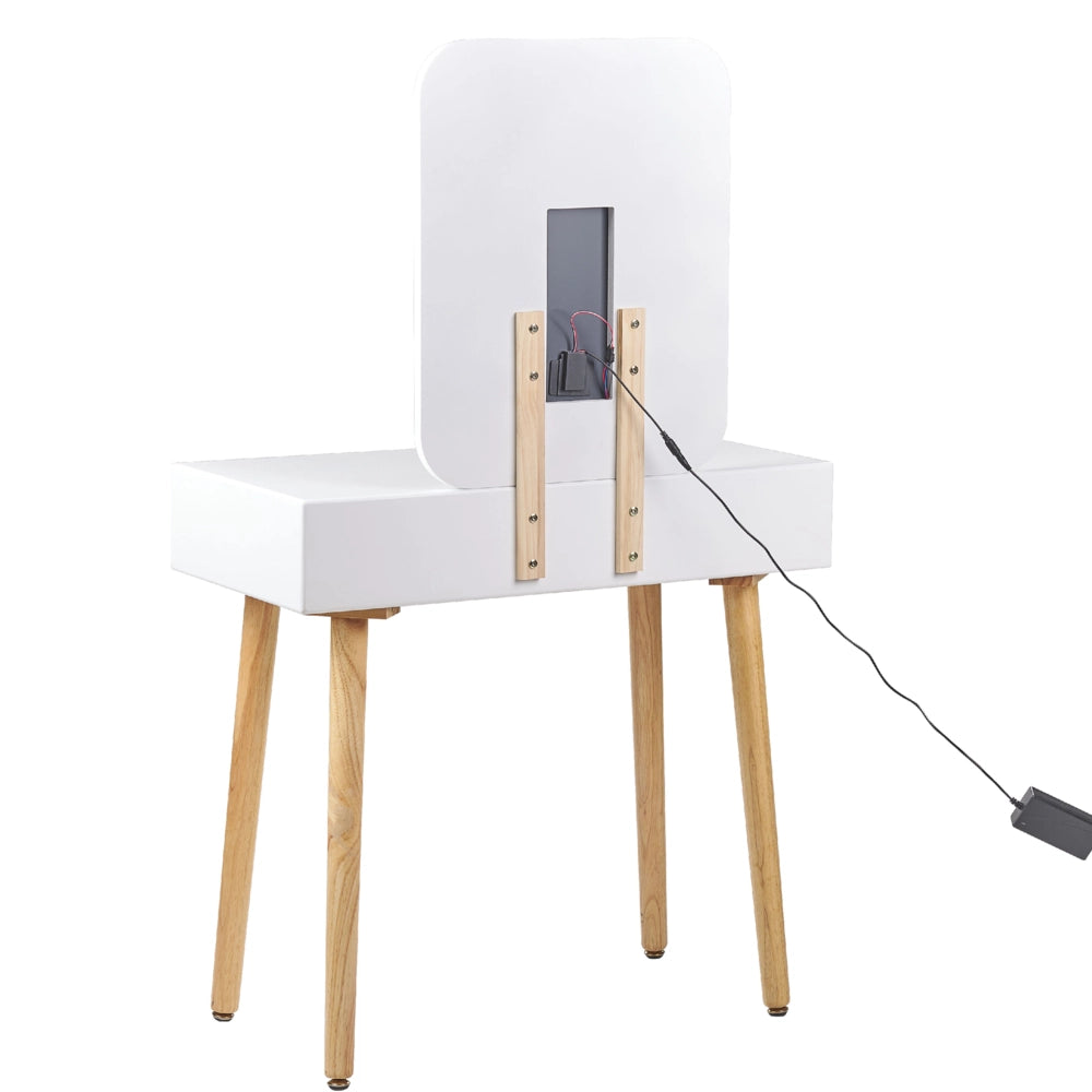 Set di tavolini da toilette Bianco Piano in legno di produzione Gambe in legno Specchio a LED con contenitore e 2 cassetti