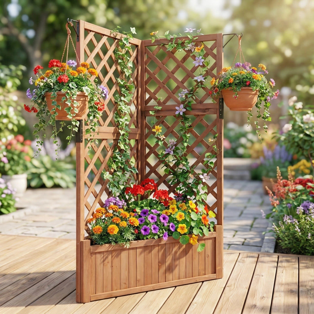 Letto da giardino rialzato ad angolo con traliccio e fori di drenaggio-Fioriera in legno per fiori verdure interno ed esterno Marrone