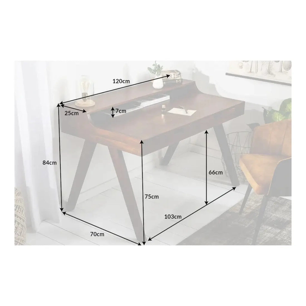 Scrivania retta SKAGEN 120 cm in legno massiccio di acacia verniciato con 2 cassetti e scaffale – Stile Davenport