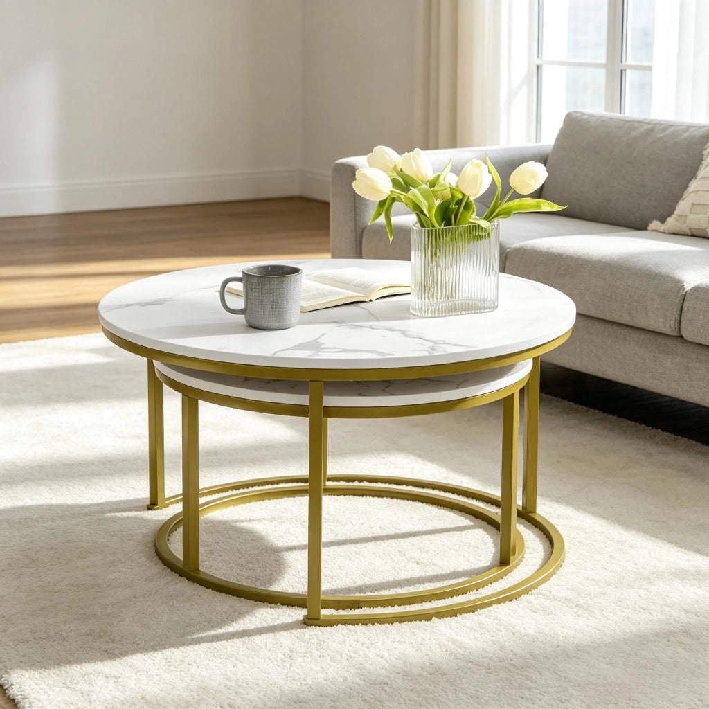 TAVOLINO DA SALOTTO Set da 2 pezzi rotondo Ø 74/59 cm Bianco Oro