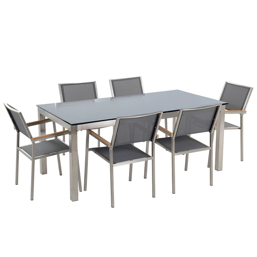 Set da pranzo da giardino grigio con piano in vetro Nero 6 posti 180 x 90 cm