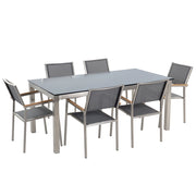 Set da pranzo da giardino grigio con piano in vetro Nero 6 posti 180 x 90 cm