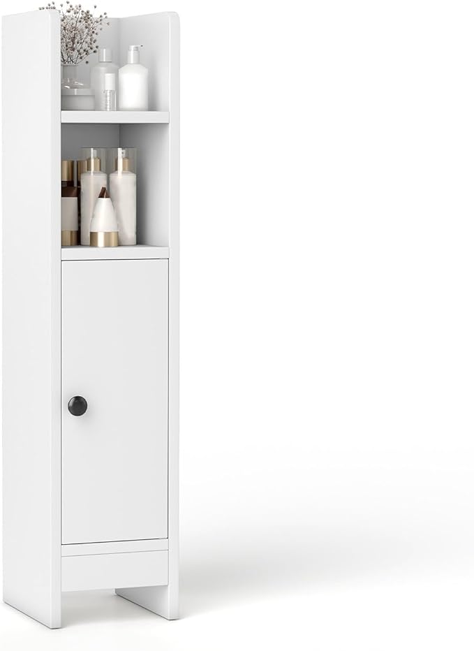 Mobiletto Bagno, Credenza da Terra in Legno per Angoli con Porta e Ripiani Regolabili, Credenza Stretta Salvaspazia per Porta Carta Igienica, Ideale per Bagno e Cucina (Bianco)
