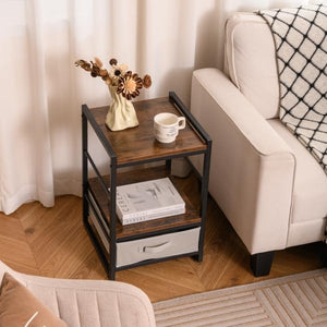 COSTWAY Tavolino da Salotto in Legno e Metallo, Tavolino Quadrato da Divano con Mensola Aperta e Cassetto in Tessuto, Tavolino da Caffè per Soggiorno e Camera da Letto,40 x 40 x 60,5 cm