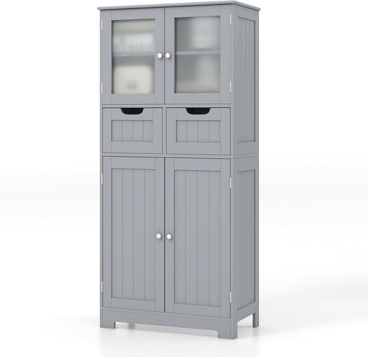 Armadio da Terra con 4 Ante, Mobile da Bagno con 2 Ante in Vetro 2 Cassetti e Ripiani Regolabili, Armadio Multifunzionale per Bagno e Soggiorno, 60x30x128cm (Grigio)