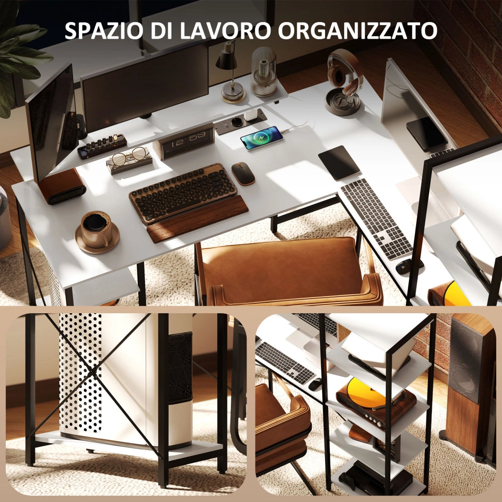 Scrivania Angolare con Presa Elettrica e USB, Scaffale e Supporto per Monitor, Bianco e Nero