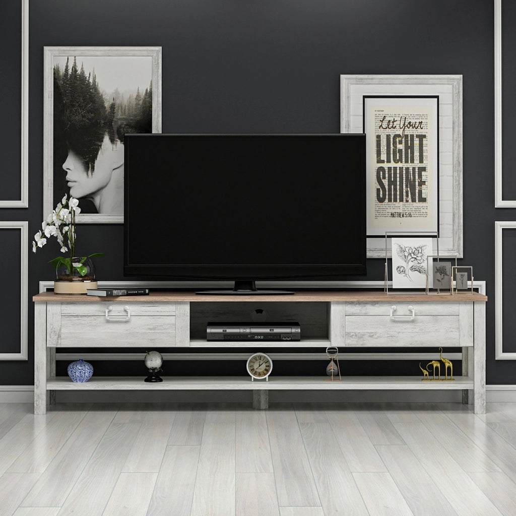 Mobile Basso Porta TV 'Hashøj' con Ripiani e Scomparti Chiusi con Ante a Ribalta - Rovere / Bianco Antico [en.casa]