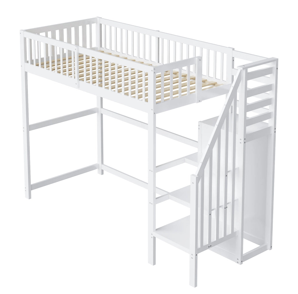 Letto a soppalco 90x200 cm; con scala e armadio; legno; bianco (Senza materasso)