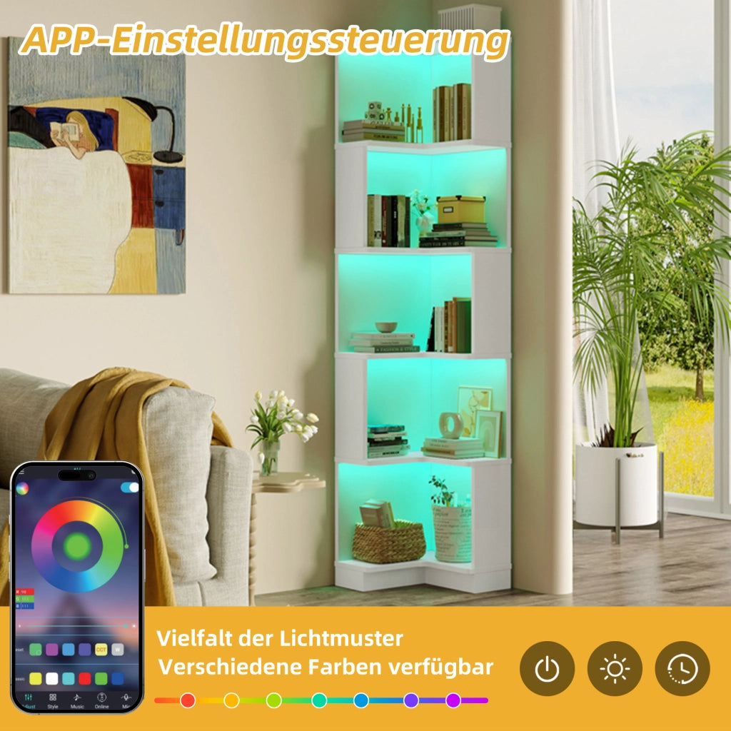 Libreria angolare con LED regolabili via app e 5 ripiani, per studio e ufficio, in MDF, bianco, 63,5 × 45 × 175 cm