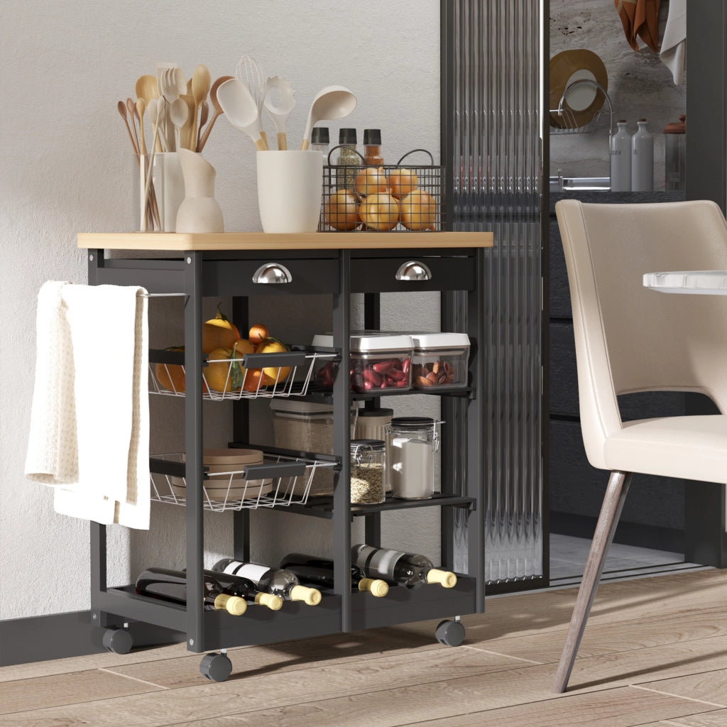 Carro per cucina con 2 cassetti, 2 cestini e 2 ripiani ¨C zephmum ¨C Nero 74x37x76 cm