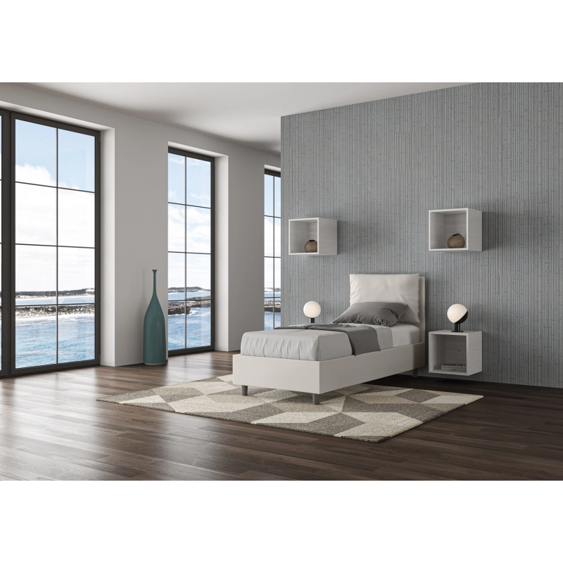 Letto imbottito Singolo 80x200 cm Antea - Bianco,Similpelle,Contenitore