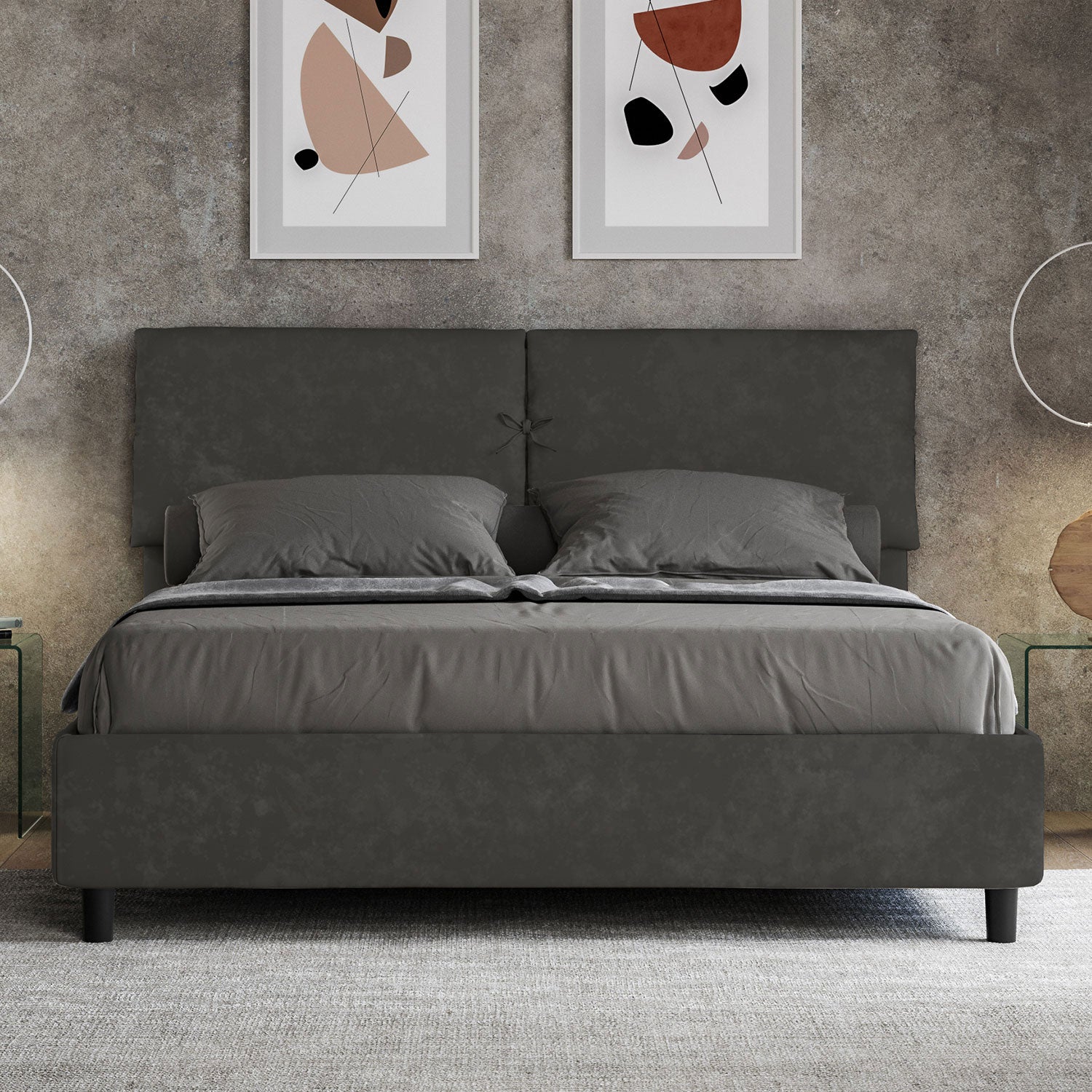 Letto Matrimoniale 160x200 cm con Rete e Contenitore con Testata e Alzata Comoda Imbottito in Microfibra Mados Grigio