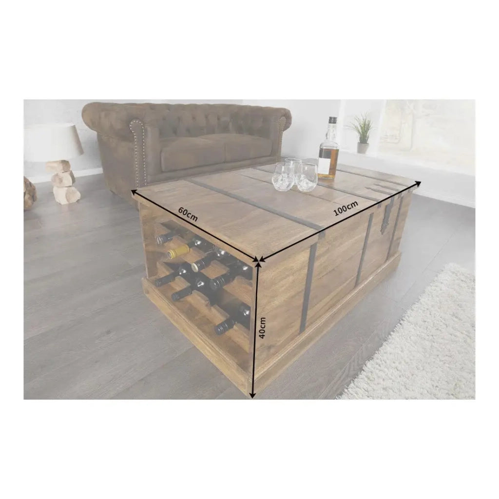 Tavolino da salotto baule TRESORO 100 cm in legno massello di Sheesham con porta bottiglie