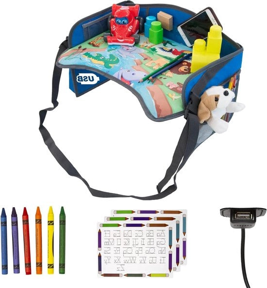 Tavolo da disegno per bambini - Tavolo da viaggio per bambini con tablet USB X, portatile per smartphone, tavolo da disegno per bambini da 1+ anno, con supporto per sedile per bambini, per tenere occupati i bambini in aereo, treno, auto, passeggino (blu)