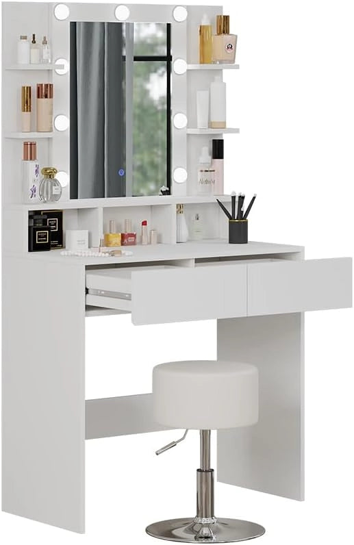 Tavolo da toeletta Taylor, Bianco, 80 cm con illuminazione LED e sgabello, con illuminazione LED e sgabello girevole regolabile in altezza