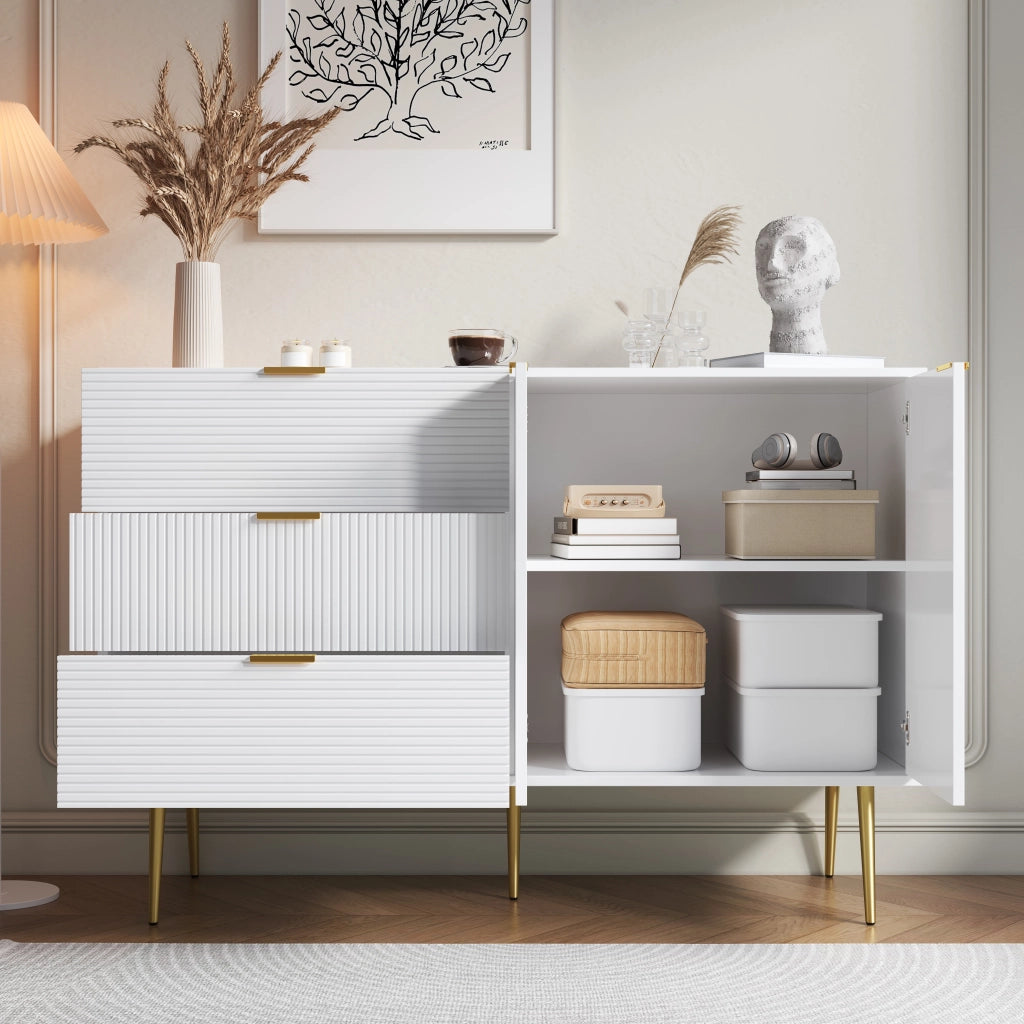 Credenza con 2 Ante; 3 Cassetti e Ripiani Interni; Motivo Ondulato; Stile Moderno; in MDF; Bianco+Oro; 120??38??80;5 cm